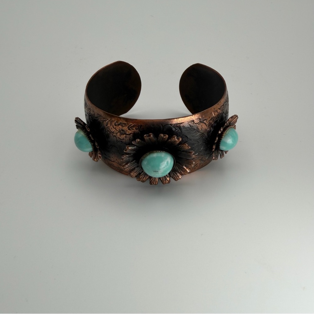 Vintage Mixed Metal Cuff Bracelet Faux Turquoise 1.25" Wide Southwestern Boho